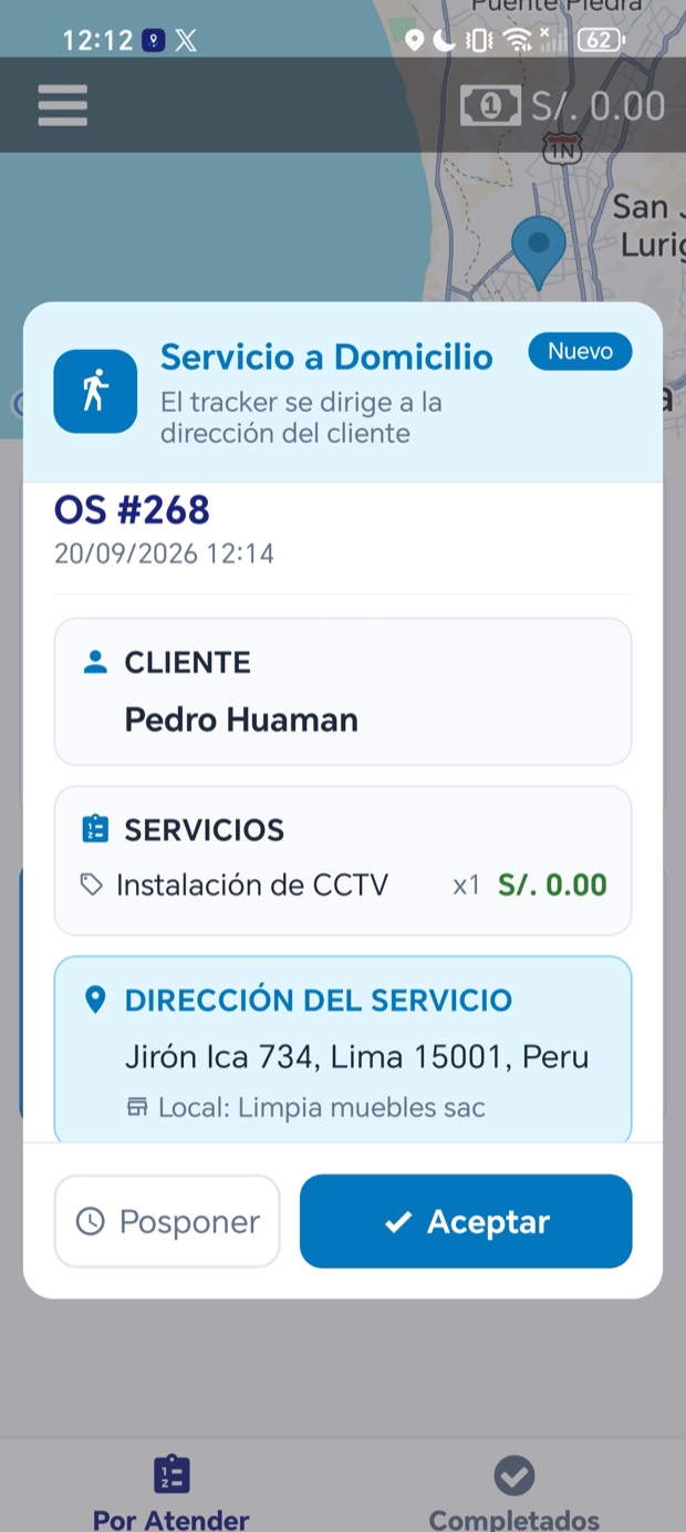App Trackea: el técnico recibe la orden de instalación de CCTV con cliente y dirección
