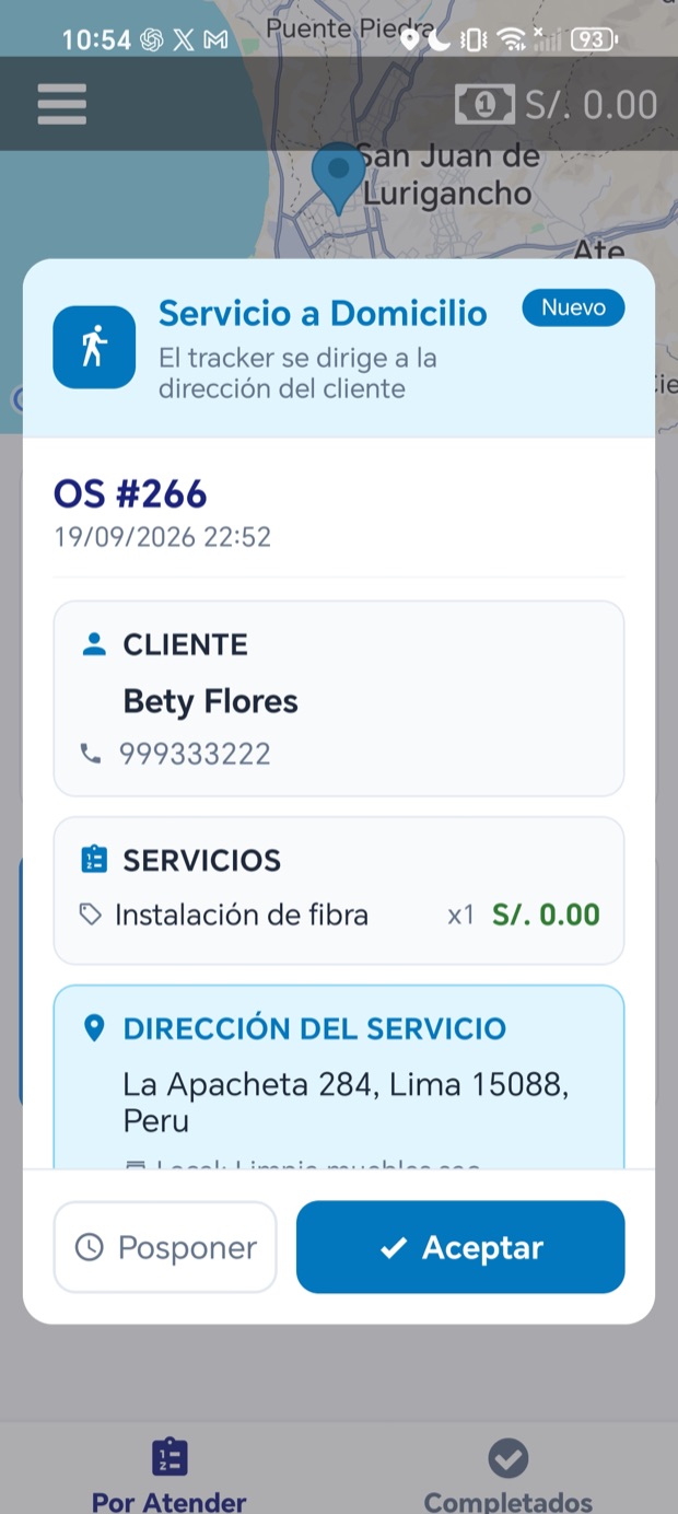 App Trackea: el técnico recibe la orden de instalación de fibra con cliente y dirección