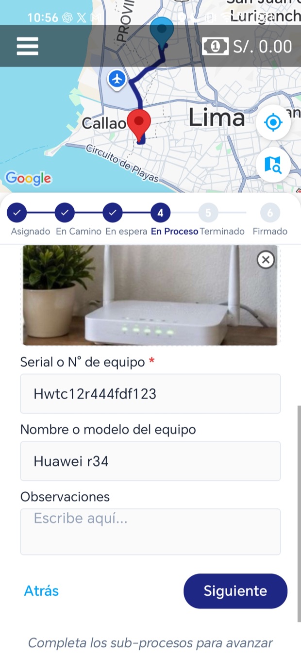 Instalación de equipos: foto, número de serie y modelo del router/ONT