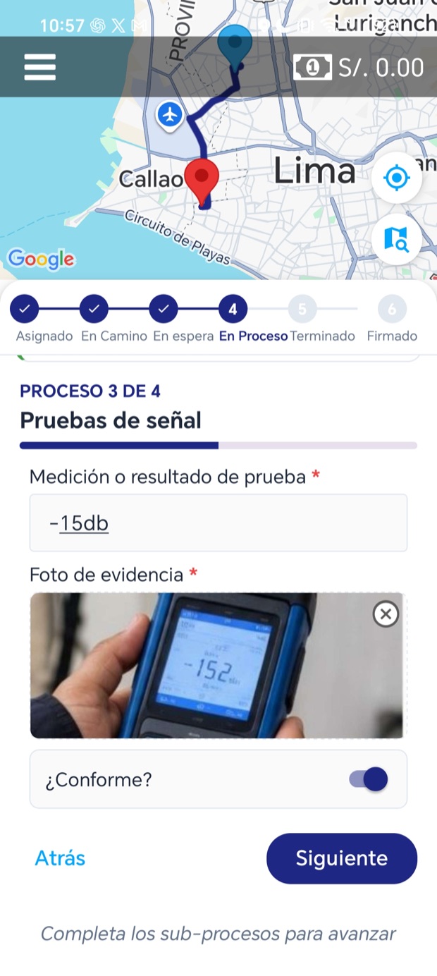 Prueba de señal: medición de potencia con foto del medidor óptico y conformidad