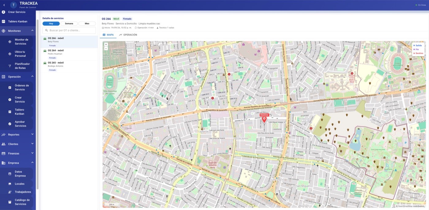 Panel de monitoreo de TRACKEA: mapa con la ruta del técnico de fibra en vivo, salida, destino y recorrido