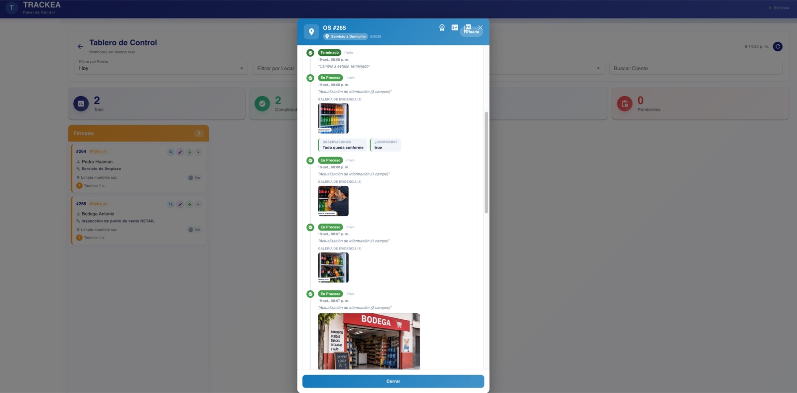 Tablero Kanban de TRACKEA con las visitas por estado y el detalle con las fotos de cada cliente