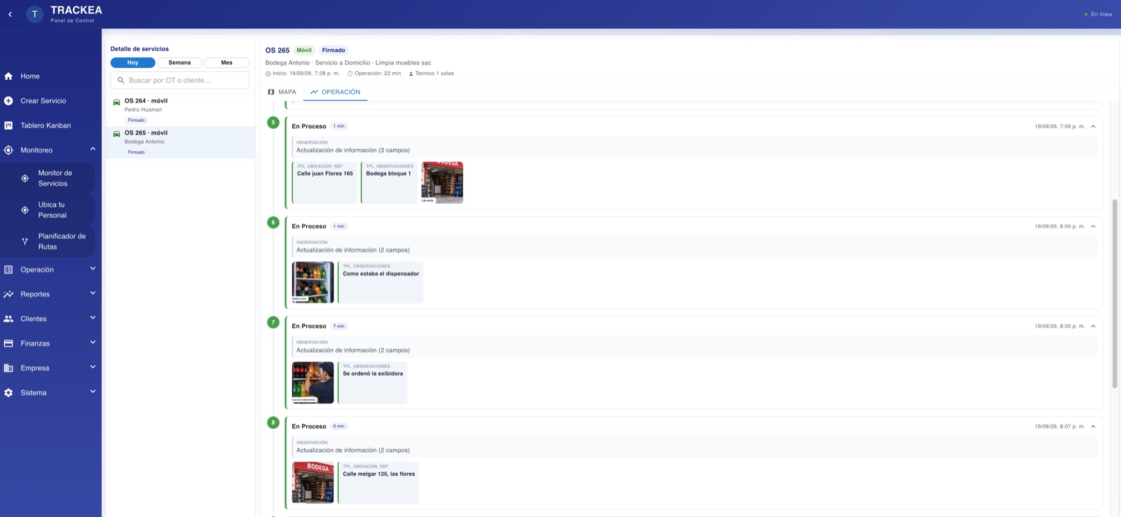 Panel de monitoreo de TRACKEA: timeline de la visita del vendedor con foto de check-in, evidencia y resultado por cada paso