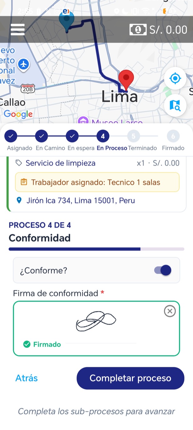 Conformidad: firma del cliente para cerrar el servicio