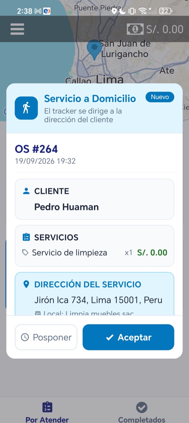 App Trackea: el operario recibe el servicio de limpieza con cliente y dirección