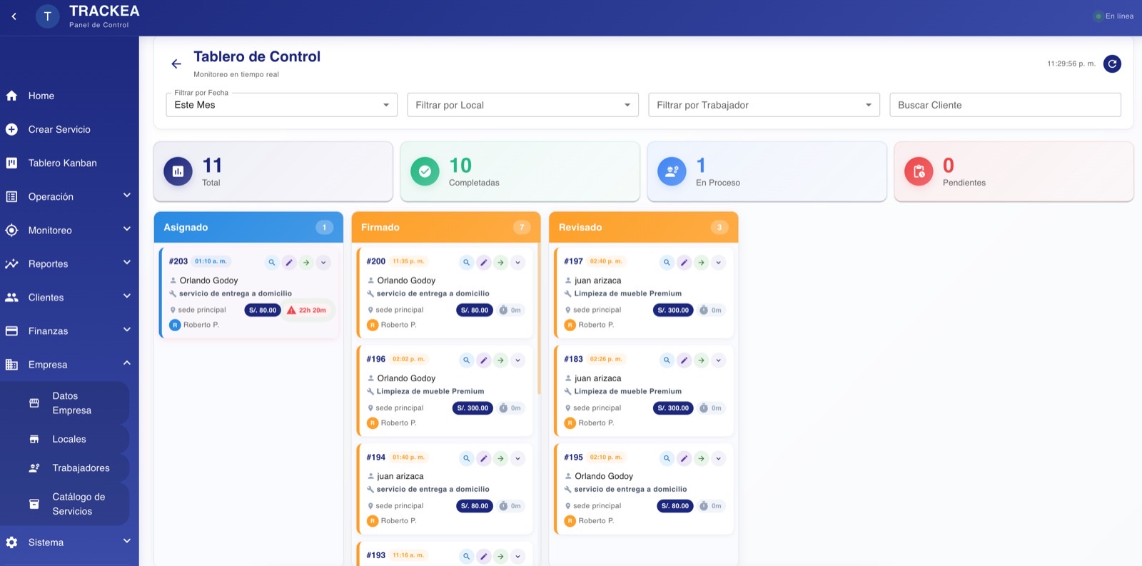 Tablero Kanban de TRACKEA con los servicios de limpieza por estado y su detalle