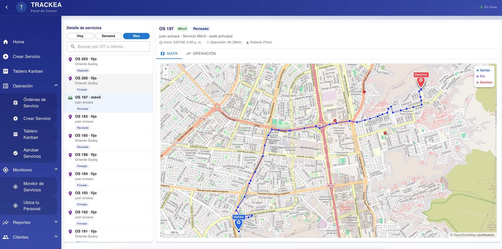 Monitor de TRACKEA con la ubicación en vivo de las cuadrillas de limpieza en el mapa
