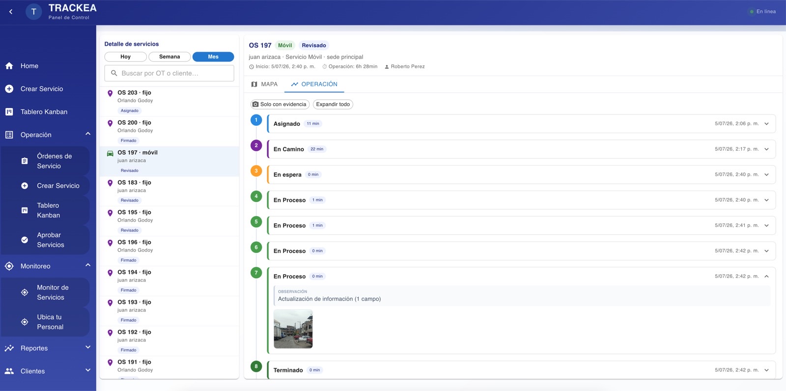 Panel de TRACKEA: timeline del servicio de limpieza con evidencia fotográfica de cada paso